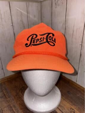 Vtg 80s Pepsi Cola Logo Neon Orange Nylon Rope Trucker Hat Soda Strapback Cap
